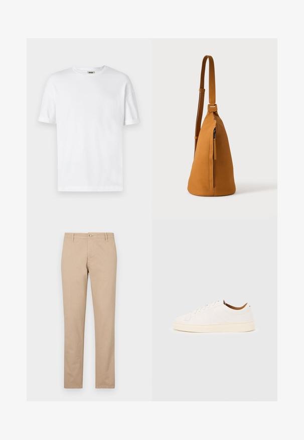 Weißes Baumwoll-T-Shirt mit Rundhalsausschnitt, kurzen Ärmeln und umgeschlagenen Bündchen; schlichtes Design, weiche Textur und gerade geschnitten.; Beige Baumwollhosen mit geradem Bein, ausgestattet mit einem vorderen Knopfverschluss, seitlichen Taschen und subtilen Texturdetails.; Weißer Sneaker mit niedrigem Schaft und Schnürdesign, minimalen Nähten und einer cremefarbenen Sohle auf hellgrauem Hintergrund.; Hellbraune Leder-Umhängetasche mit verstellbarem Trageriemen und vertikaler Reißverschlusstasche, von der Seite vor hellem, einfarbigem Hintergrund gezeigt.