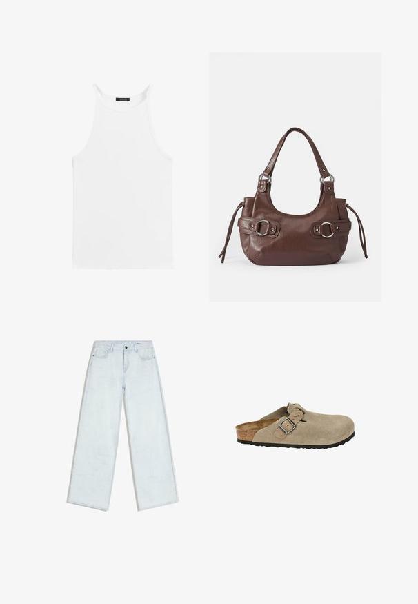 Hvid ærmeløs top med tynde stropper og høj halsudskæring, lagt fladt på en hvid baggrund.; Lyseblå vidde-jeans med forreste knap og lynlås, bæltestropper og fem-lomme design, lagt fladt på hvid baggrund.; Beige ruskindsklipklapper med rund tå, justerbar rem og spænde, kork-mellemsål og tekstureret sort gummisål for godt greb.; Brun læderhåndtaske med rund form, sølvhardware, to sideskuldre og en glat tekstur. Har en enkelt toppen håndtag.