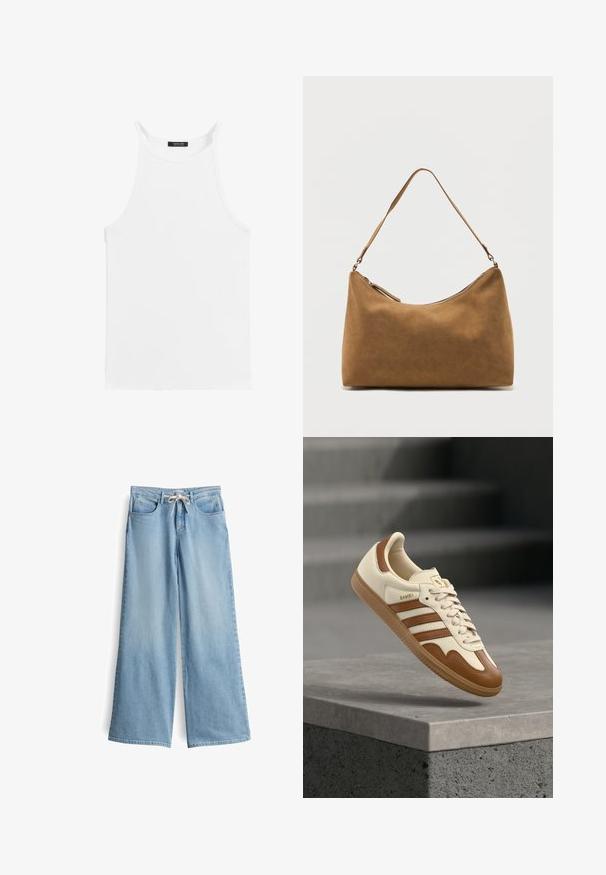 Weißes ärmelloses Tanktop mit dünnen Trägern und hohem Ausschnitt, flach auf weißem Hintergrund ausgelegt.; Helle blaue, weit geschnittene Jeans aus Denim. Mit höherem Bund, Gürtelschlaufen, zwei Vorderaschen und einem Zugverschluss.; Klassischer Sneaker mit cremefarbenem Lederobermaterial, braunen Akzenten, drei Streifen und einer strukturierten Gummisohle. Verfügt über eine abgerundete Spitze und eine Schnürverschluss.; Braune Wildleder-Umhängetasche mit einem einzelnen Träger und einem Reißverschluss oben, präsentiert vor einem schlichten weißen Hintergrund.
