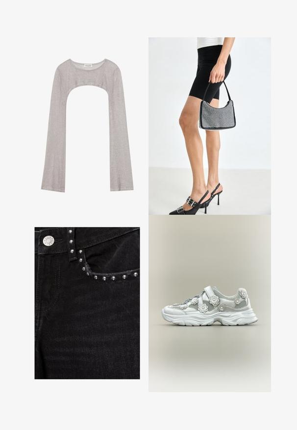 Pull boléro en maille métallique argentée avec manches longues et large décolleté, étiquette Even & Odd.; Poche de jean en denim noir avec des clous métalliques argentés le long du bord et une fermeture à bouton argenté à la taille.; Baskets blanches avec semelle épaisse, panneaux en mesh et appliques florales décoratives sur les côtés et fermeture à bride.; Sac à main à perles noires avec une silhouette courbée, une poignée de transport et une texture brillante. Porté avec des chaussures à talons hauts noires et un short noir ajusté.