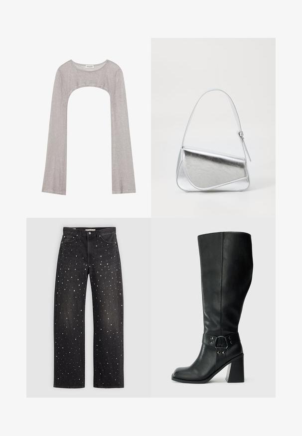 Hõbedane metallikust kootud bolero kampsun pikkade varrukatega ja laia kaelusega, sildiga Even & Odd.; Mustad denim püksid, millel on lahtine lõige, kaetud hajusate hõbe-, kulla- ja valgete punktidega. Klassikalised taskud ja metallist detailid.; Knee-high mustad nahast saapad ruudukujulise varbaga, laia kandaga ja dekoratiivse rihmaga metallaktsentidega ümber pahkluu. Sile tekstuur.; Hõbedane metallik käekott kolmnurkse kujuga, sileda tekstuuriga ja õhukese, reguleeritava õlapaelaga. Omab kokkuvolditavat disaini koos õmblustega.