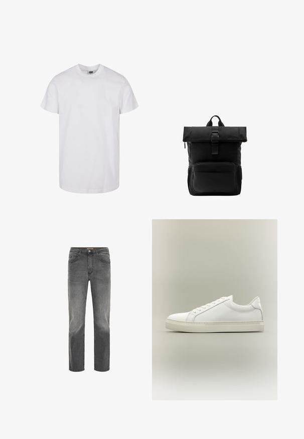 T-shirt en coton blanc à manches courtes, col rond et ourlet droit. Texture lisse, sans motifs ni graphismes, étiqueté "Urban Classic".; Jean droit pour homme en denim noir délavé, avec fermeture à bouton et à zip, poches avant et arrière, et passants de ceinture.; Baskets blanches basses à lacets sur l’avant et semelle épaisse, vues de côté sur un fond neutre.; Sac à dos noir à rouler avec poche zippée à l'avant, poches latérales en maille et fermeture à boucle en plastique sur fond blanc uni.