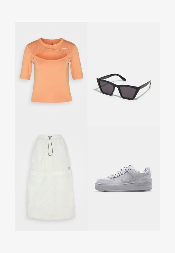 Nike Sportswear CUTOUT - Μπλουζάκι με στάμπα - amber brown/sail; Μακριά λευκή φούστα από ελαφρύ υλικό. Διαθέτει ελαστική μέση, κορδόνι και ένα μικρό μπλε λογότυπο Nike στο κάτω δεξί μέρος.; Γκρι Nike Air Force 1 αθλητικό παπούτσι με πορώδη μύτη, λεία δερμάτινη επάνω επιφάνεια, χοντρή σόλα και ανάγλυφη λεπτομέρεια 'AIR' στην φτέρνα.; Μαύρα, γωνιώδη γυαλιά ηλίου με γκρι φακούς; κατασκευασμένα από πλαστικό, με χοντρές βραχίονες με λεία επιφάνεια και χωρίς ορατό μηχανισμό.