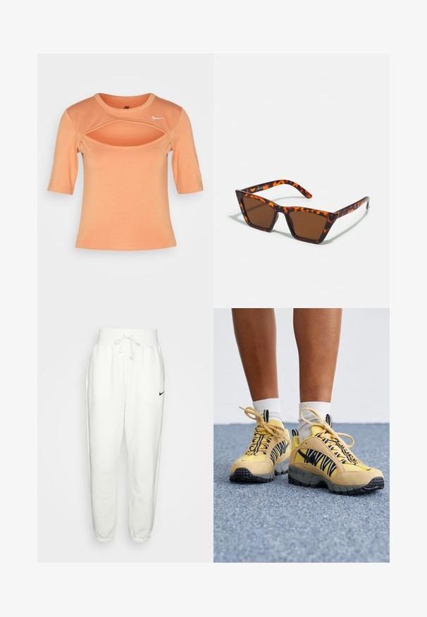 Nike Sportswear CUTOUT - Tričko s potlačou - amber brown/sail; Biele teplákové nohavice vyrobené z mäkkého materiálu, s elastickým pásom a sťahovacou šnúrkou, bočnými vreckami a čiernym logom Nike na ľavom stehne.; Žlté semišové a sieťované tenisky s čierno-bielymi pruhovanými detailmi, textúrovanou podrážkou a viazaním. Biele ponožky sú viditeľné nad členkom.; Hnedé slnečné okuliare s motívom korytnačiny, ostré rámy a štíhle nožičky. Ľahký plastový materiál.