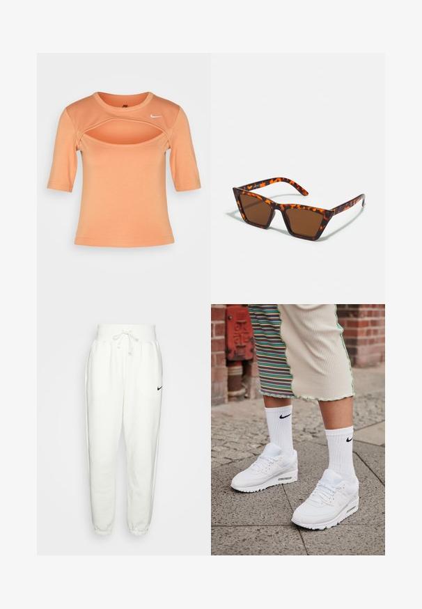 Nike Sportswear CUTOUT - T-shirts print - amber brown/sail; Hvide sweatpants lavet af et blødt stof, med elastisk talje med snøre, sidelommer og et sort Nike-logo på venstre lår.; Hvide Nike Air Max 90 sneakers med mesh og læderoverdel, der har en synlig luftenhed, parret med hvide ribbede sokker med sort logo.; Brune tonede solbriller med et skildpadde-mønster, vinklede stel og slanke arme. Letvægts plastmateriale.