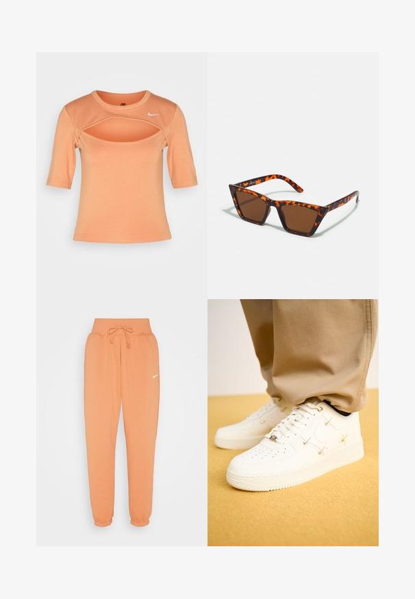 Nike Sportswear CUTOUT - T-shirt print - amber brown/sail; Nike Sportswear W PHNX FLC HR OS - Trainingsbroek - amber brown/sail; Witte leren sneakers met geperforeerde neus, gouden accenten en platte veters, gecombineerd met beige broek op een gestructureerde gele ondergrond.; Bruin getinte zonnebril met een schildpadmotief, hoekig montuur en slanke armen. Lichtgewicht kunststof materiaal.