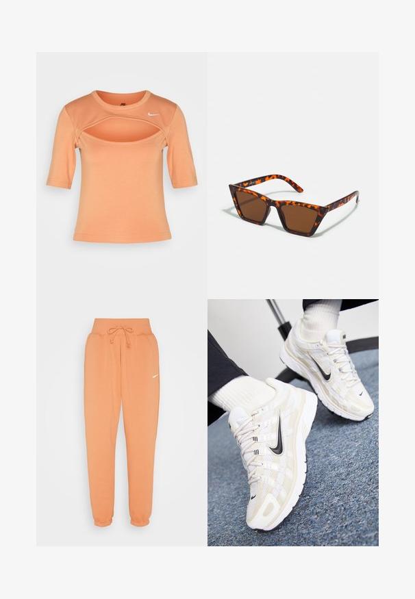 Nike Sportswear CUTOUT - T-Shirt print - amber brown/sail; Nike Sportswear W PHNX FLC HR OS - Jogginghose - amber brown/sail; Weiße und beige Nike-Sneaker mit einem Obermaterial aus Mesh, strukturiertem Overlay, schwarzem Swoosh und einer gepolsterten Sohle mit rutschfester Außensohle.; Braungetönte Sonnenbrille mit Schildpattmuster, eckigem Rahmen und schlanken Bügeln. Hergestellt aus leichtem Kunststoffmaterial.