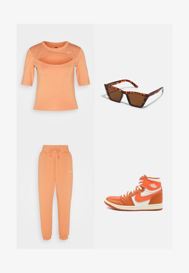 Nike Sportswear CUTOUT - Printtipaita - amber brown/sail; Nike Sportswear W PHNX FLC HR OS - Verryttelyhousut - amber brown/sail; Korkeat tennarit, joissa on oranssia nahkaa ja valkoisia tekstiilipaneeleja, kumipohja ja näkyvä logotieto sivussa.; Ruskopuisia aurinkolaseja, joissa on kilpikonnakuosiset kehykset, kulmikkaat muotoilut ja kapeat käytävät. Kevyt muovimateriaali.