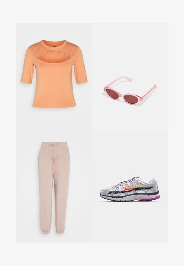 Nike Sportswear CUTOUT - Camiseta estampada - amber brown/sail; Nike Sportswear W PHNX FLC HR OS - Pantalones deportivos - diffused taupe/sail; Zapatilla de running de malla gris con un distintivo swoosh en rosa y amarillo, acentos negros y una suela de goma texturizada. Cuenta con una puntera reforzada y un collar acolchado.; Gafas de sol transparentes rosas con lentes ovalados, tinte rojo oscuro y varillas delgadas, con un acabado suave y detalles sutiles en la montura.