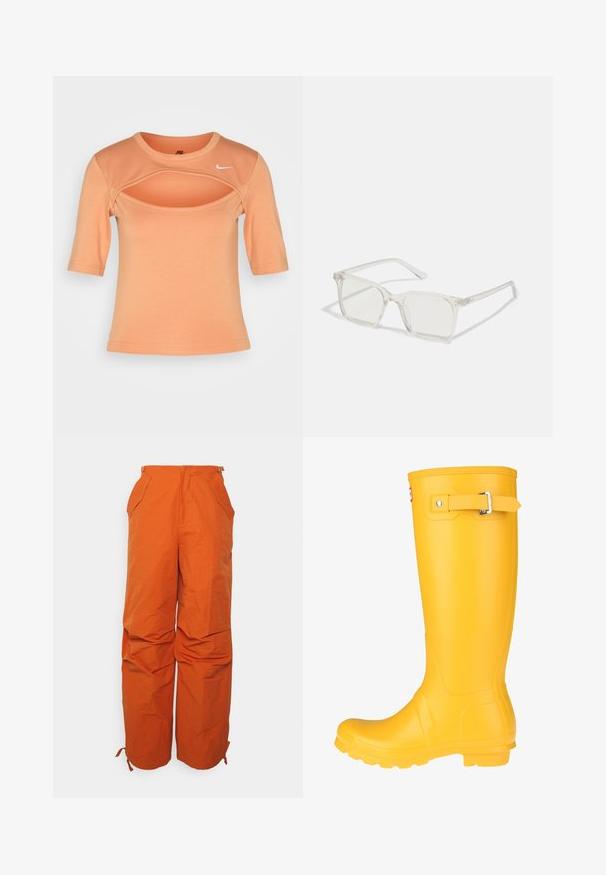 Nike Sportswear CUTOUT - Tričko s potlačou - amber brown/sail; WRSTBHVR ZERA PANTS EXCLUSIVE WOMEN - Nohavice - brown; Žlté gumenné dáždniky s hladkým povrchom, nastaviteľným popruhom s prackou a štruktúrovanou podrážkou pre lepšiu priľnavosť. Vysoký dizajn, zaoblená špička a bezšvové telo.; Priehľadné plastové okuliare s námestovými rámami a priehľadnými šošovkami, s kultivovanými zlatými akcentmi na spánkoch pre zvýraznenie detailov.