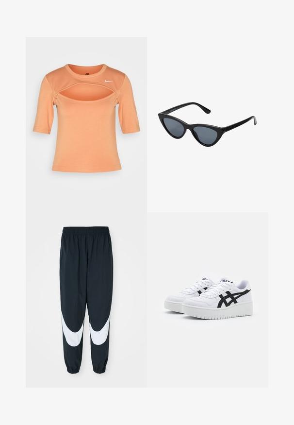 Nike Sportswear CUTOUT - T-Shirt print - amber brown/sail; Schwarze Jogginghose mit weißen, gewölbten Einsätzen, elastischem Bund und gerafften Säumen, aus leichtem Stoff und mit lockerer Passform.; Weiße Sneaker mit einer strukturierten Oberfläche, schwarzen Seitenstreifen und einer dicken weißen Sohle. Verfügt über ein Schnürdesign und ein Logo auf der Zunge.; Schwarze Cat-Eye-Sonnenbrille mit dunkelgrauen Gläsern, schlankem Kunststoffrahmen, spitzen Ecken und geraden Bügeln. Keine sichtbaren Befestigungen oder Akzente.