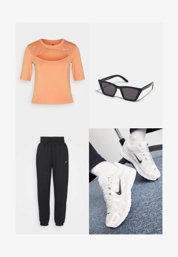 Nike Sportswear CUTOUT - Tričko s potlačou - amber brown/sail; Čierne tepláky vyrobené z mäkkej bavlnenej zmesi, s elastickým pásom na šnúrku a elastickými manžetami. Logo Nike na ľavom stehne.; Biele a béžové tenisky Nike s vrchnou časťou z jemnej sieťoviny, textúrovaným prekrytím, čiernym swooshom a cushioned podrážkou s gripped vonkajšou časťou.; Čierne, ostré slnečné okuliare so sivými sklami; vyrobené z plastu, majú hrubé ramená s hladkým povrchom a bez viditeľnej mechaniky.