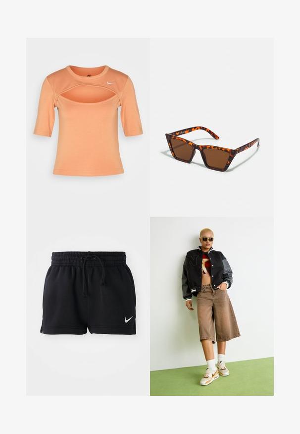 Nike Sportswear CUTOUT - Tričko s potlačou - amber brown/sail; Čierne športové šortky vyrobené z mäkkej tkaniny, s elastickým pásom so šnúrkou, bočnými rozparkom a malým bielym logom na leme.; Osoba s krátkymi blond vlasmi, ktorá má na sebe slnečné okuliare, čiernu varsity bundu, grafické crop top, hnedé široké šortky a biele tenisky Nike, stojí na zelenej podlahe.; Hnedé slnečné okuliare s motívom korytnačiny, ostré rámy a štíhle nožičky. Ľahký plastový materiál.