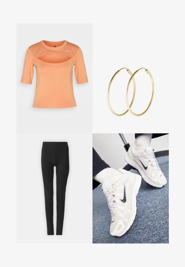 Nike Sportswear CUTOUT - Trükipildiga T-särk - amber brown/sail; Mustad, venivad retuusid, mis on tihedalt sobivad, kõrge vöökohaga ja sileda tekstuuriga. Ilma nähtavate mustrite või riistade detailideta.; Valged ja beežid Nike spordijalanõud, millel on võrkvõrk, tekstuuriga kattekiht, must swoosh ja pehmendatud põhi koos haardumisvõimelise tallaga.; Kuldne rõngaskõrvarõngad, millel on sujuv ja ümar disain, ning läikiv viimistlus. Kerge konstruktsioon koos kindla klambriga.
