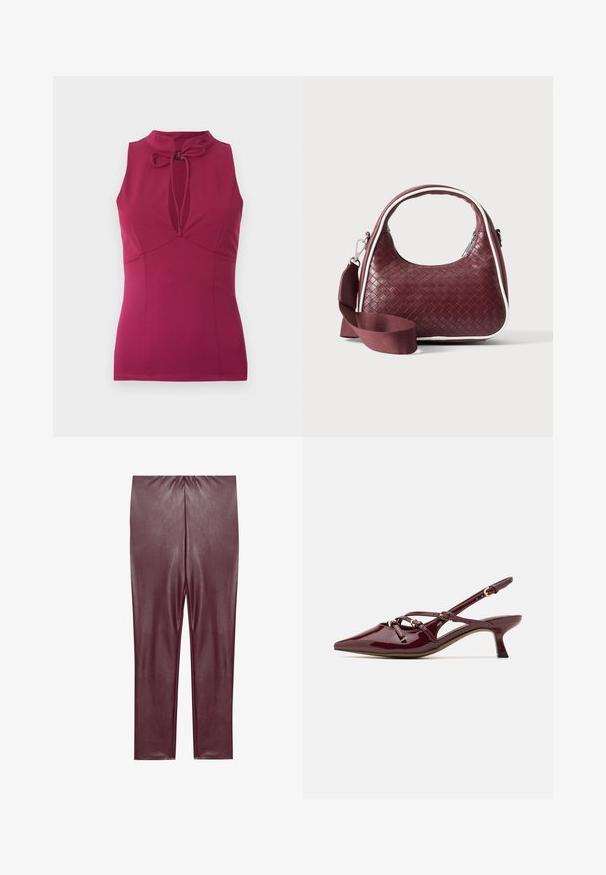 Haut sans manches magenta avec un col montant et une encolure en forme de boutonnière nouée par un petit nœud à l'avant.; Leggings en simili cuir bordeaux avec une texture lisse, taille haute et design ajusté, descendant jusqu'aux chevilles sans détails supplémentaires.; Escarpin en cuir verni bordeaux avec nez pointu, petit talon, détails de bride décoratifs et finition brillante.; Sac à main en cuir tressé marron foncé avec poignée courbée, garniture blanche, fermeture éclair argentée et bandoulière large en tissu amovible sur fond uni.