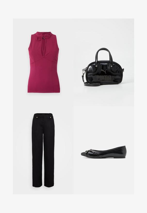 Haut sans manches magenta avec un col montant et une encolure en forme de boutonnière nouée par un petit nœud à l'avant.; Pantalons larges noirs en tissu lisse. Présentent deux boutons à l'avant et une taille haute. Des plis subtils renforcent la structure.; Ballerines en cuir verni noir avec un bout pointu, dotées de lanières croisées et d'un petit détail de boucle en argent à l'avant.; Sac à main en cuir verni noir avec des poignées supérieures doubles, une bandoulière amovible, une forme arrondie et un logo "PUMA" en relief bien visible.