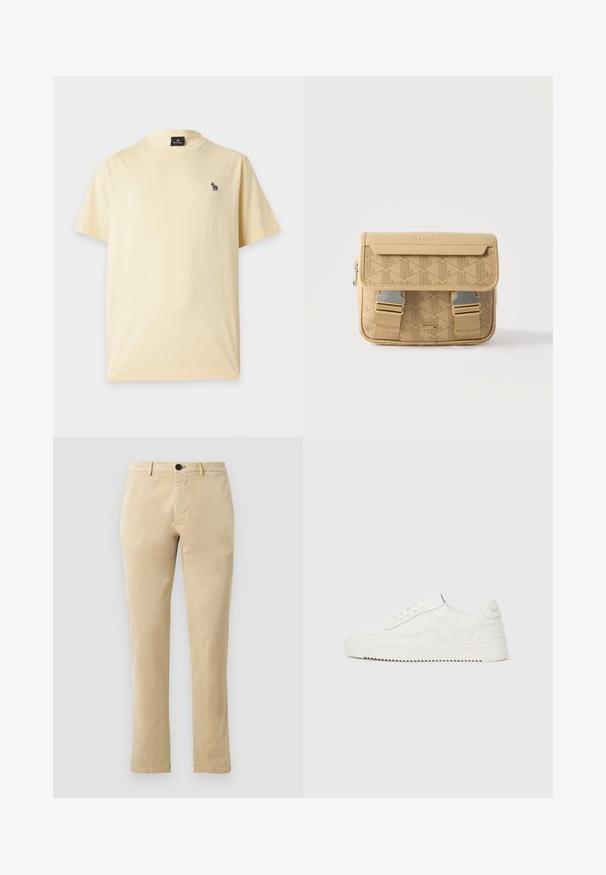 Lichtgele T-shirt met korte mouwen met een klein meerkleurig zebra-logo op de linkerborst en een zwart label aan de binnenkant van de kraag.; Beige katoenen chinos met een rechte pijp, voorzien van een voorknopsluiting en subtiele stiksels. Gladde textuur en geen patronen.; Lage witte leren sneaker met vetersluiting, gestructureerd hielstuk en licht geribde witte rubberen zool op een effen lichte achtergrond.; Kleine beige Lacoste crossbodytas met een geometrisch patroon, klep aan de voorkant, metalen gespen en een geperst krokodillenlogo.