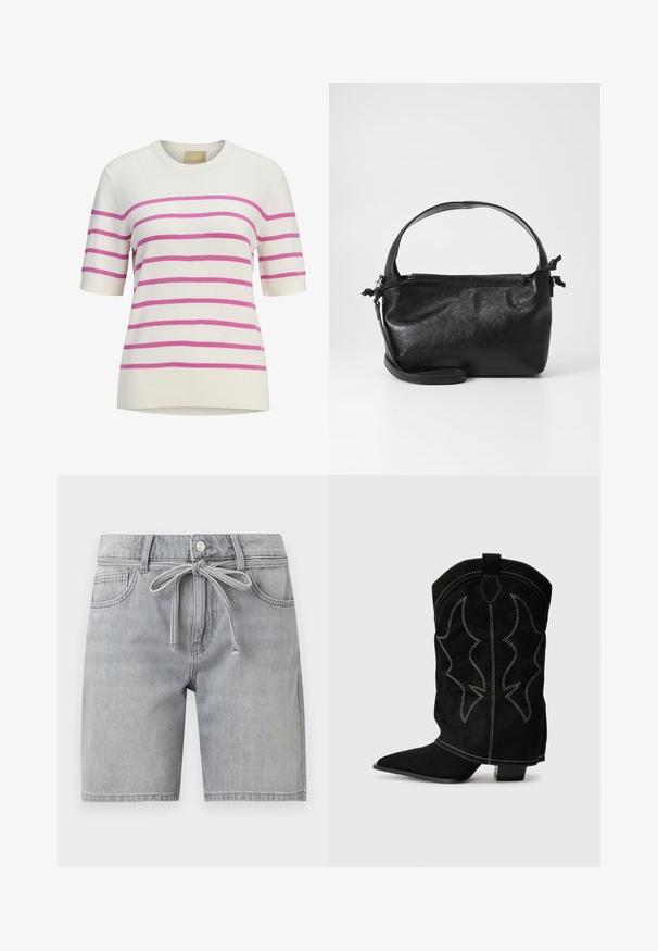 Haut en maille blanc à manches courtes avec des rayures horizontales roses et un col rond.; Short en jean gris clair avec poches avant, passants de ceinture, fermeture par bouton et ceinture en tissu assorti à la taille.; Botte de cowboy en suede noir avec un bout pointu, un petit talon et des coutures décoratives blanches, présentant un motif en forme de flamme sur la tige.; Sac à main en cuir noir au design structuré, avec une poignée arrondie et une bandoulière amovible. Présente une texture lisse et un éclat subtil.