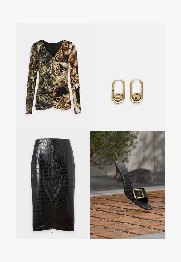 Just Cavalli SLIM DOUBLE PRINT - Langarmshirt - honey mustard; Schwarzer Bleistiftrock aus Kunstleder mit Krokodilstruktur, ausgestattet mit einem zentralen goldenen Reißverschluss und glatter Oberflächenbeschaffenheit.; Schwarzer Ledermule mit hohem Absatz und goldener Schnalle, schwebt über einem Holzboden, Außenbereich mit grünem Busch und Steinmauer.; BOSS DOUBLE B SWING - Ohrringe - gold-coloured