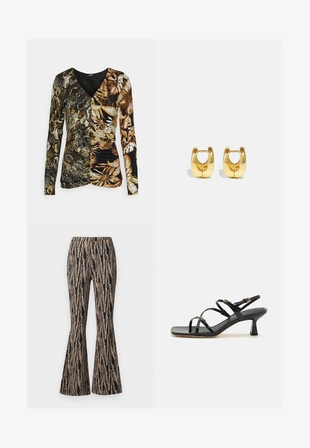 Just Cavalli SLIM DOUBLE PRINT - T-shirt à manches longues - honey mustard; Diane von Furstenberg BURANO PANTS - Pantalon classique - black; Sandales à strapes en cuir verni noir avec un bout carré et un petit talon carré. Présente des accessoires en métal doré et des brides de cheville réglables.; Boucles d'oreilles en or avec un design élégant et arrondi. Présentent un centre creux et une surface brillante, complétant les styles modernes.