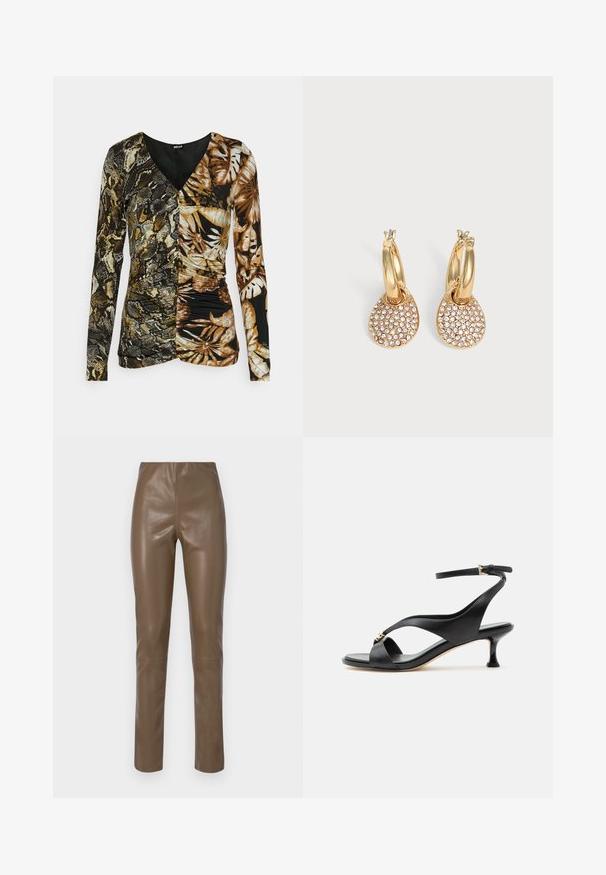 Just Cavalli SLIM DOUBLE PRINT - T-shirt à manches longues - honey mustard; Pantalons en cuir synthétique brun avec une texture lisse et brillante. Présentent une taille haute et des jambes droites, avec des détails de couture minimalistes.; Sandale noire en cuir pour femme avec un petit talon courbé, des lanières croisées et une bride de cheville réglable avec une petite boucle dorée.; Boucles d’oreilles créoles en or avec pendentifs en forme de goutte couverts de petits cristaux transparents sur un fond clair uni.