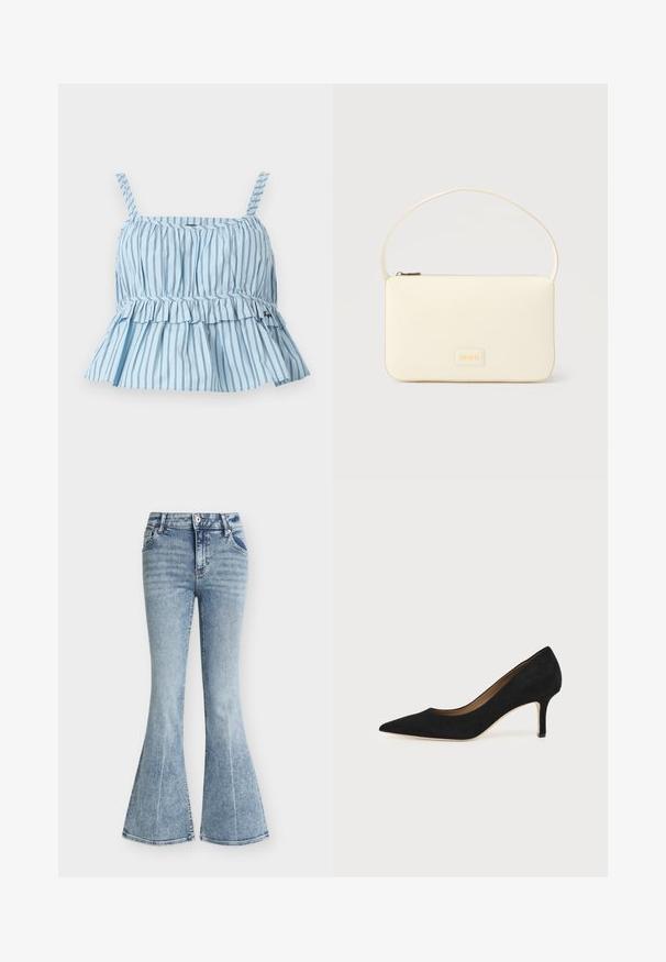 Haut sans manches bleu clair avec fines rayures verticales noires, ourlet bas à volants et détail froncé au niveau de la poitrine.; Jean en denim bleu clair taille haute avec un lavage délavé, poches avant, fermeture par bouton et zip, et jambes évasées style pattes d'éléphant.; Escarpin en daim noir à bout pointu avec un talon stiletto fin de hauteur moyenne et un design à coupe basse sur un fond uni.; Sac à main rectangulaire de couleur crème avec une seule sangle et une fermeture éclair sur le dessus, comportant une petite plaque de logo embossé à l'avant.