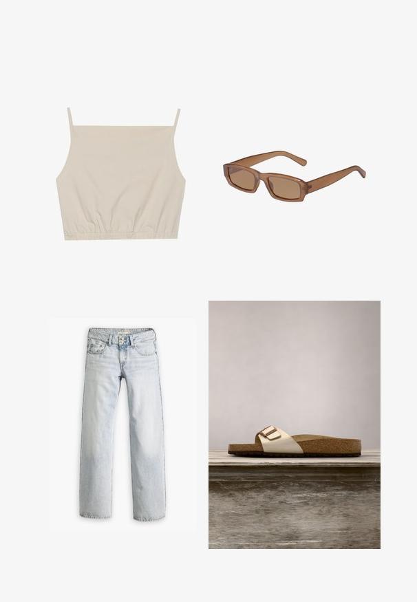 Beige cropped top med tynde stropper. Lavet af blødt, strækbart stof med en samlet fald. Glat tekstur uden synlige mønstre.; Lyseblå denimjeans med en afslappet pasform, høj talje og fem-lomme design. Har syning detaljer og knaplukning.; Sandal med slide-design, der har en let metallisk overdel, korkfodbed og tekstureret brun gummisål. Spænde detalje med logoaccent.; Brune, rektangulære solbriller med en gennemsigtig ramme, slanke tempelstænger og tonede linser, der har en glat tekstur og et moderne design.