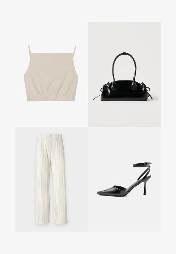 Béžový cropped top s tenkými ramienkami. Vyrobený z mäkkého, elastického materiálu s nariaseným lemom. Hladký povrch bez viditeľných vzorov.; Sukňové nohavice s širokým strihom v svetlej béžovej farbe, so elastickým pásom. Vyrobené z ľahkej textílie s vertikálnou štruktúrou po celom povrchu.; Čierny lodička na vysokom opätku so špicatou špičkou, tenkými remienkami okolo členku a striebornou prackou na jednoduchom svetlom pozadí.; Malá čierna lesklá kabelka s dvoma dlhými rúčkami a bočnými šnúrkovými detailmi na jednoduchom svetlom pozadí.