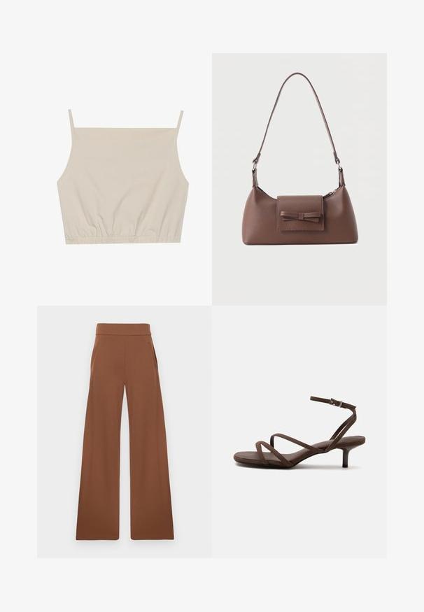 Beige cropped top med tynde stropper. Lavet af blødt, strækbart stof med en samlet fald. Glat tekstur uden synlige mønstre.; Brune bukser med bred benvidde fremstillet af et glat, strækbart stof. De har en høj talje og sidelommer, designet til en afslappet pasform.; Brun højhælet sandal med tynde krydsede stropper og en ankelrem med en sølvspænde på en hvid baggrund.; Brun skuldertaske i læder med en frontlomme med klap, der har en sydd sløjfedetalje, og en justerbar rem.