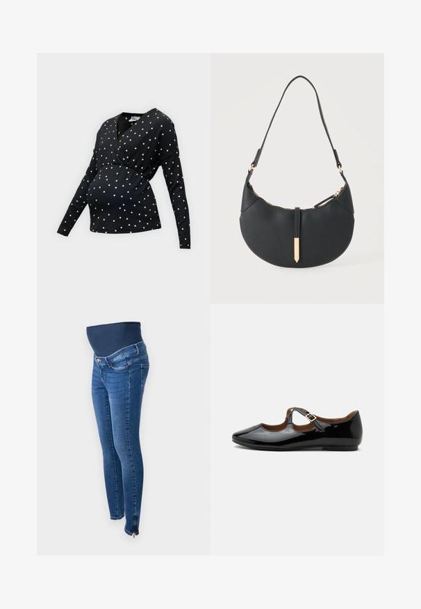 Schwarzes Umstandsoberteil mit langen Ärmeln, weißen Polka-Dots und einer Wickeloptik vorne.; Schwangerschaftsjeans aus dunkelblauem Denim. Slim Fit mit einem dehnbaren, unterstützenden Bauchband. Mit seitlichen Reißverschlüssen an den Knöcheln.; Schwarzer Mary Jane flacher Schuh aus Lackleder mit zwei Ausstanzungen und einem goldfarbenen Schnallenriemen auf weißem Hintergrund.; Schwarze halbmondförmige Handtasche mit einem einzelnen Träger, goldenem Reißverschluss und einer goldenen rechteckigen dekorativen Lasche vorne.