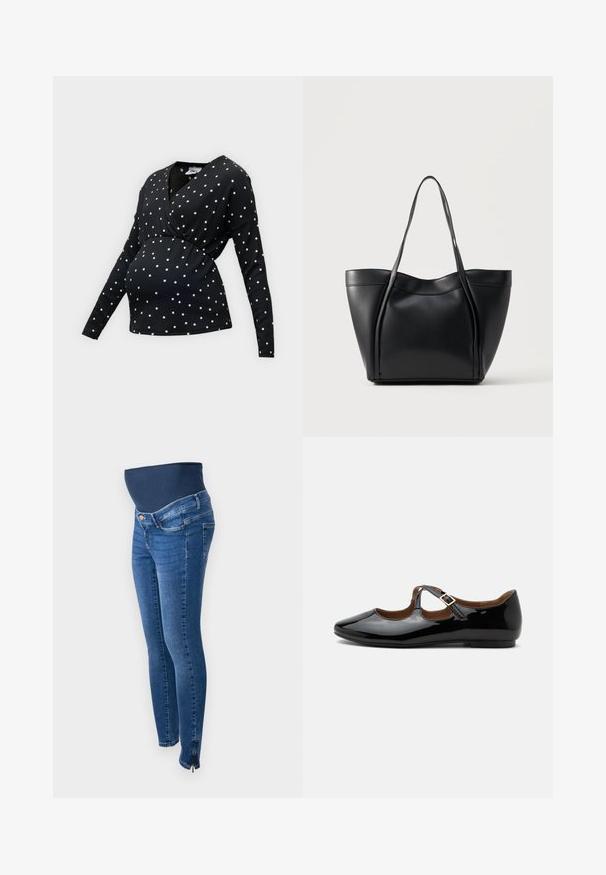 Sort langærmet maternity top med hvide polkaprikker og et omslagsfront.; Graviditetsjeans i mørkeblå denim. Slim fit med et strækbart, støttende mavebånd. Har sidelommer med lynlås ved anklen.; Sort laklæder Mary Jane-flad sko med to udskæringer og en guldbuckelrem på hvid baggrund.; Sort lædertaske med to lange håndtag og en let buet topkant, vist mod en ensfarvet lys baggrund.