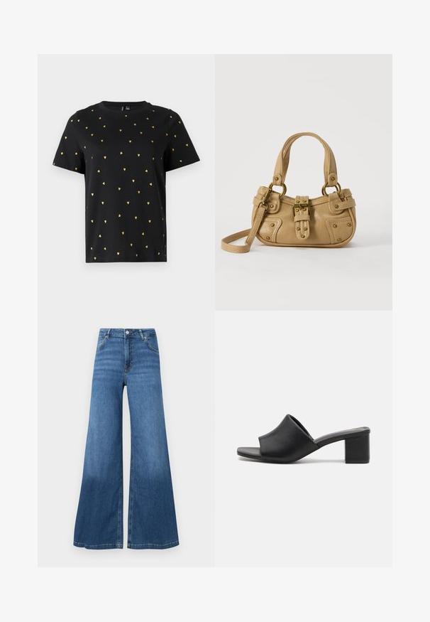 Sort T-shirt med korte ærmer lavet af bomuld, prydet med små guld hjerter, der er jævnt fordelt over stoffet. Rund halsudskæring.; Bredde bukser i blå denim med høj talje, forlommer og en ren søm. Ingen synlige mønstre eller pyntegeler.; Sorte læder mules med blokhæl og åben tå, med en glat overflade og let buet overdelsdesign for komfort og stil.; Beige læderhåndtaske med dobbelte håndtag, messing spænde og nitte detaljer samt en justerbar skulderrem mod en hvid baggrund.