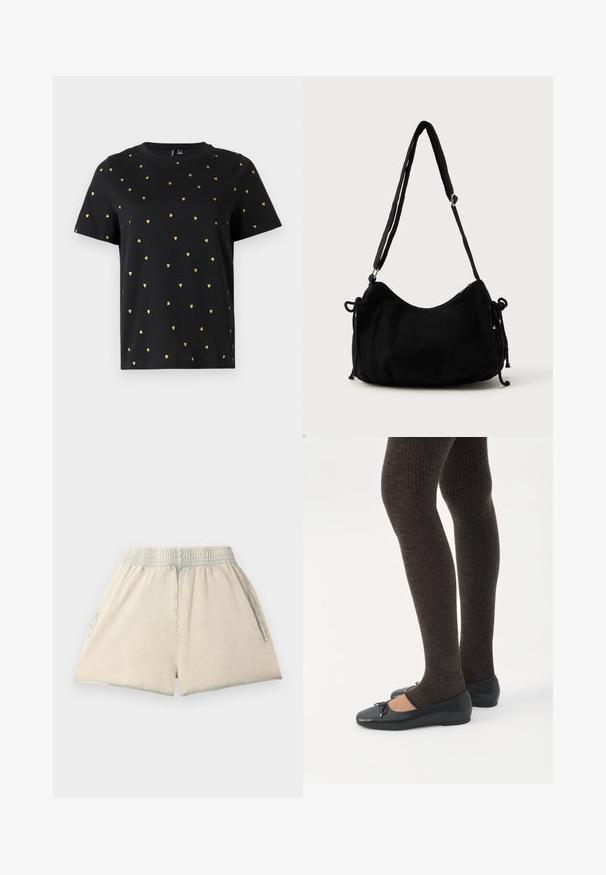 Zwart T-shirt met korte mouwen van katoen, bezaaid met kleine gouden hartjespatronen die gelijkmatig over de stof verspreid zijn. Ronde halslijn.; Lichtbeige katoenen shorts met een elastische tailleband, twee zijzakken en een losse pasvorm. De stof heeft een zachte textuur en een ontspannen vorm.; Benen met donkere geribbelde leggings gecombineerd met zwarte ballerina's met kleine strikdetails op een witte achtergrond.; Zwarte corduroy schoudertas met een gebogen vorm, een verstelbare schouderband en trekkoordsluitingen aan beide zijkanten voor maataanpassing.