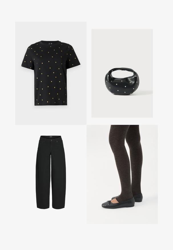 Sort T-shirt med korte ærmer lavet af bomuld, prydet med små guld hjerter, der er jævnt fordelt over stoffet. Rund halsudskæring.; Sorte vidde-korte jeans med knap- og lynlåslukning foran, lommer foran og bagpå samt mærket bæltelabel.; Ben iført mørke ribbede leggings kombineret med sorte balletsko med små sløjfedetaljer på hvid baggrund.; Sort læderhåndtaske med en rundet form, dekoreret med sølvnitter, og et kort håndtag. Glat tekstur og lynlåslukning.