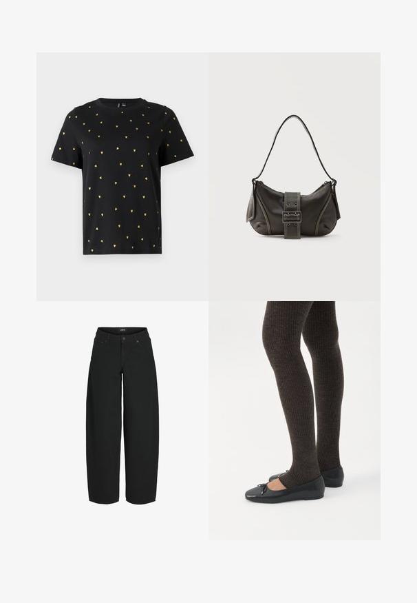 Zwart T-shirt met korte mouwen van katoen, bezaaid met kleine gouden hartjespatronen die gelijkmatig over de stof verspreid zijn. Ronde halslijn.; Zwarte cropped jeans met wijde pijpen, voorzijde met knoop- en ritssluiting, voor- en achterzakken, merklabel op de tailleband.; Benen met donkere geribbelde leggings gecombineerd met zwarte ballerina's met kleine strikdetails op een witte achtergrond.; Zwarte leren schoudertas met gespsluiting aan de riem, afgeronde hoeken en contrasterende witte stiksels op een effen achtergrond.
