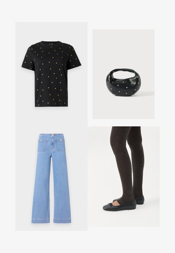 Camiseta negra de manga corta hecha de algodón, con pequeños patrones de corazones dorados distribuidos uniformemente por toda la tela. Cuello redondo.; Jeans de pierna ancha de color azul claro con cintura alta, dos bolsillos traseros y botones en tono dorado. Están confeccionados con denim de textura suave y acabado limpio.; Piernas con leggings oscuros acanalados combinados con bailarinas negras que presentan pequeños detalles de lazo sobre un fondo blanco.; Bolso de mano de cuero negro con forma redondeada, decorado con detalles de tachuelas plateadas y un asa corta. Textura lisa y cierre con cremallera.