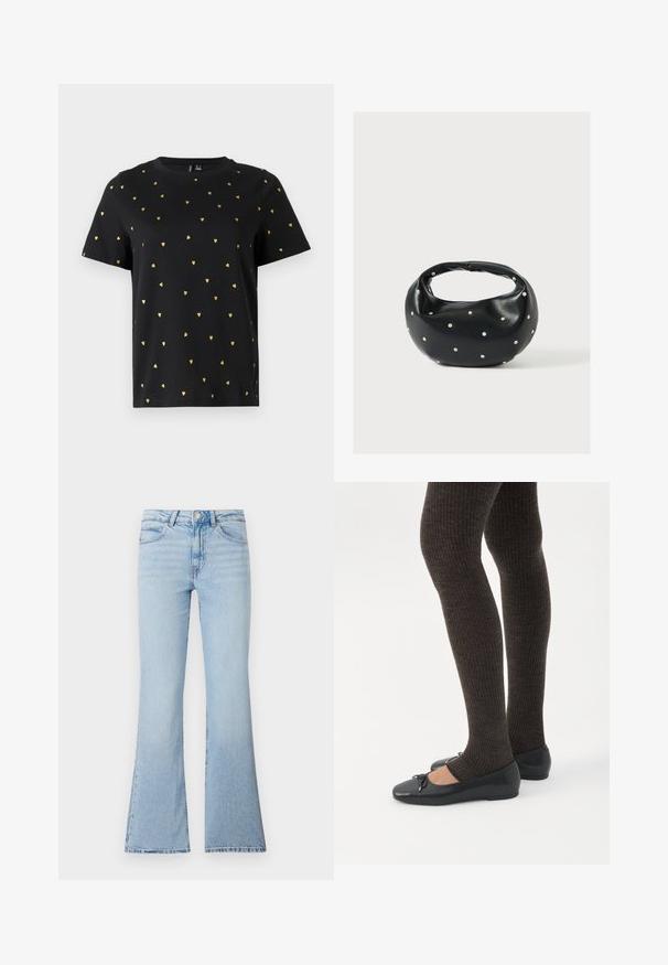 Schwarzes Kurzarm-T-Shirt aus Baumwolle mit kleinen goldenen Herzmotiven, die gleichmäßig über den Stoff verteilt sind. Runder Ausschnitt.; Hellblaue, aus Denim gefertigte Schlagjeans. Verfügt über eine hohe Taille, ein traditionelles Fünf-Taschen-Design und eine leicht ausgewaschene Optik.; Beine in dunklen, gerippten Leggings kombiniert mit schwarzen Ballerinas mit kleinen Schleifendetails auf weißem Hintergrund.; Schwarze Lederhandtasche mit abgerundeter Form, verziert mit silbernen Nietenakzenten und kurzem Griff. Glatte Struktur und Reißverschlussverschluss.