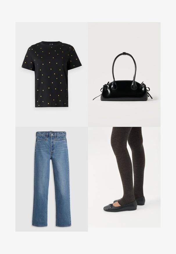 Sort T-shirt med korte ærmer lavet af bomuld, prydet med små guld hjerter, der er jævnt fordelt over stoffet. Rund halsudskæring.; Lys blå, lige ben jeans lavet af denim. Funktioner inkluderer en knaplukning, fem lommer og diskret slid. Ingen udsmykninger eller mønstre.; Ben iført mørke ribbede leggings kombineret med sorte balletsko med små sløjfedetaljer på hvid baggrund.; Lille sort blank håndtaske med to lange håndtag og snøre-detaljer i siden på en ensfarvet lys baggrund.