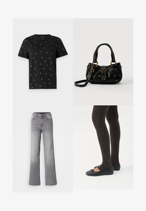 Sort T-shirt med korte ærmer lavet af bomuld, prydet med små guld hjerter, der er jævnt fordelt over stoffet. Rund halsudskæring.; Højtaljede grå denim jeans med lige ben, med frontknap og lynlås, foran og bagpå lommer, samt nedtoning på lår og lægge.; Ben iført mørke ribbede leggings kombineret med sorte balletsko med små sløjfedetaljer på hvid baggrund.; Sort læderhåndtaske med guldbælge og nitdetaljer, korte håndtag og en justerbar skulderrem på en ensfarvet hvid baggrund.
