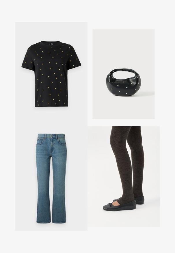 Sort T-shirt med korte ærmer lavet af bomuld, prydet med små guld hjerter, der er jævnt fordelt over stoffet. Rund halsudskæring.; Lysblå flagrende jeans lavet af denim, med fem lommer, en frontknaplukning og subtil fading for tekstur.; Ben iført mørke ribbede leggings kombineret med sorte balletsko med små sløjfedetaljer på hvid baggrund.; Sort læderhåndtaske med en rundet form, dekoreret med sølvnitter, og et kort håndtag. Glat tekstur og lynlåslukning.