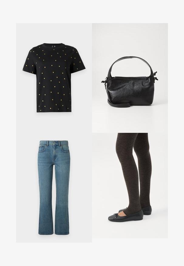 Sort T-shirt med korte ærmer lavet af bomuld, prydet med små guld hjerter, der er jævnt fordelt over stoffet. Rund halsudskæring.; Lysblå flagrende jeans lavet af denim, med fem lommer, en frontknaplukning og subtil fading for tekstur.; Ben iført mørke ribbede leggings kombineret med sorte balletsko med små sløjfedetaljer på hvid baggrund.; Sort læderhåndtaske med et struktureret design, rund tophåndtag og aftagelig skulderrem. Den har en glat tekstur og en subtil glans.