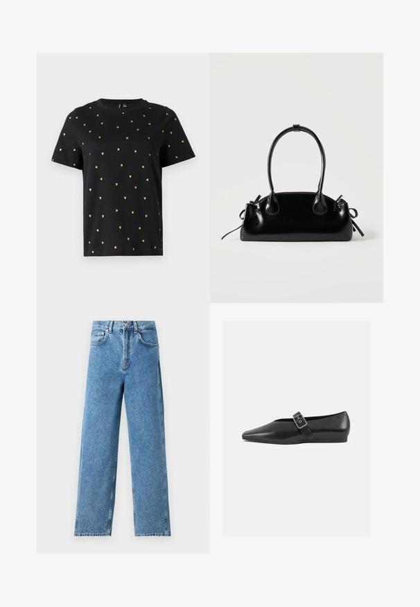 Sort T-shirt med korte ærmer lavet af bomuld, prydet med små guld hjerter, der er jævnt fordelt over stoffet. Rund halsudskæring.; Lysblå lige ben jeans lavet af denim, med høj talje, frontknaplukning og fem-lomme design med synlige sømme.; Sorte læder flade sko med spidse tæer, prydet med en metallisk spænde over vristen og en lav, fleksibel sål.; Lille sort blank håndtaske med to lange håndtag og snøre-detaljer i siden på en ensfarvet lys baggrund.