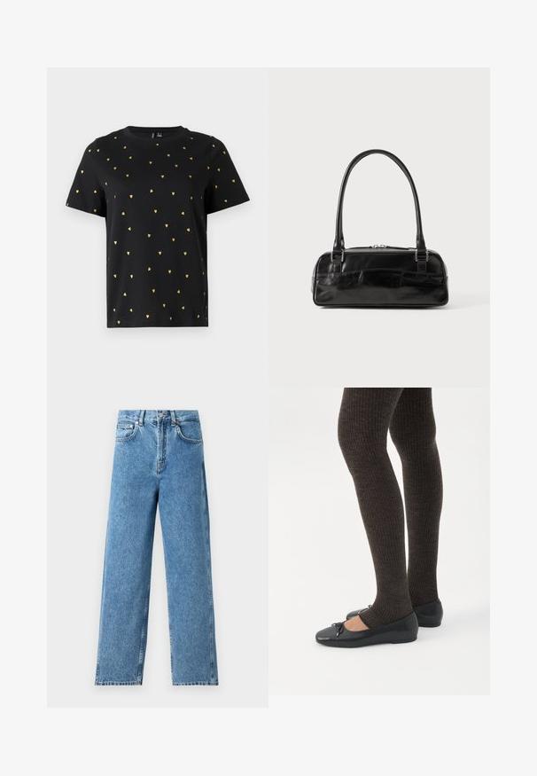 Sort T-shirt med korte ærmer lavet af bomuld, prydet med små guld hjerter, der er jævnt fordelt over stoffet. Rund halsudskæring.; Lysblå lige ben jeans lavet af denim, med høj talje, frontknaplukning og fem-lomme design med synlige sømme.; Ben iført mørke ribbede leggings kombineret med sorte balletsko med små sløjfedetaljer på hvid baggrund.; Sort læderhåndtaske med rektangulær form, der har et enkelt struktureret håndtag, sølvhardware og lynlås-lukning. Glat tekstur.