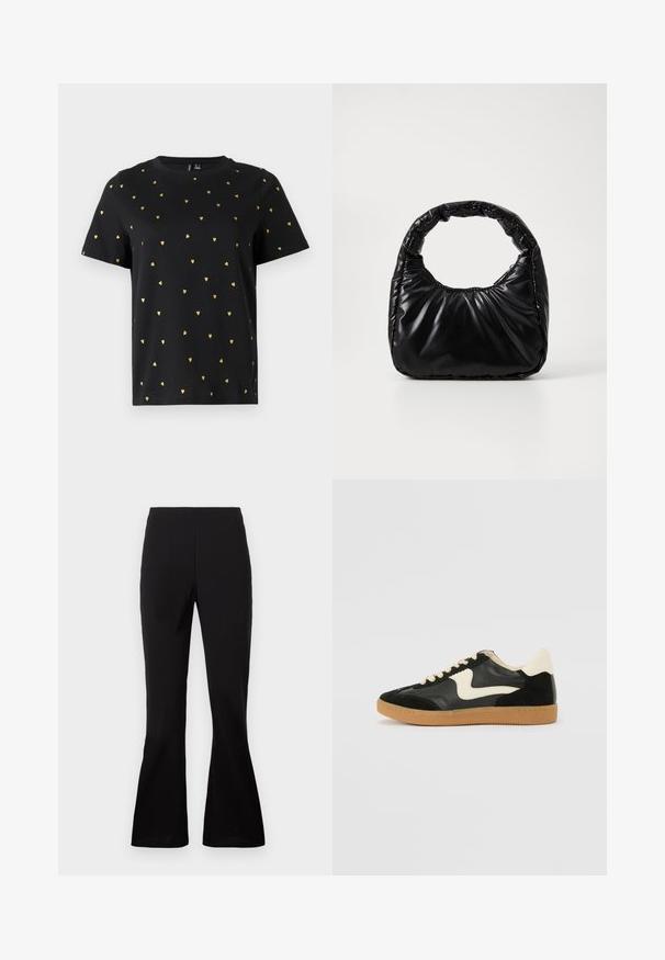 Sort T-shirt med korte ærmer lavet af bomuld, prydet med små guld hjerter, der er jævnt fordelt over stoffet. Rund halsudskæring.; Sorte flare-bukser lavet af et glat stof. Har en høj talje og en tætsiddende silhuet, der bredder sig ved kanten.; Sorte ruskinds- og lædersneakers med en cremefarvet side-swoosh og lys cremefarvet hæl. Har beige snørebånd og en gummirubber-sål.; Sort polstret håndtaske med et rundt håndtag, der har en glat, skinnende overflade og en blød, kviltet tekstur. Ingen synlige hardware eller accenter.