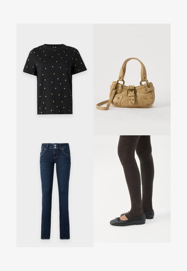 Zwart T-shirt met korte mouwen van katoen, bezaaid met kleine gouden hartjespatronen die gelijkmatig over de stof verspreid zijn. Ronde halslijn.; Donkerblauwe skinny jeans met dubbele knoopsluiting, voorzakken en gele stiksel op een witte achtergrond.; Benen met donkere geribbelde leggings gecombineerd met zwarte ballerina's met kleine strikdetails op een witte achtergrond.; Beige leren handtas met dubbele handvatten, messing gesps en klinknagel details, en een verstelbare schouderriem tegen een witte achtergrond.