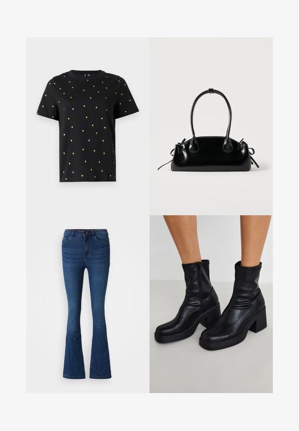 Camiseta negra de manga corta hecha de algodón, con pequeños patrones de corazones dorados distribuidos uniformemente por toda la tela. Cuello redondo.; Jeans de mezclilla de campana en azul oscuro con bolsillos delanteros y traseros, cierre de botón y cremallera, y detalles desgastados en los muslos y las rodillas.; Botas de tobillo de cuero negro con un alto tacón cuadrado, con cremallera lateral, textura suave y diseño de punta afinada.; Pequeño bolso negro brillante con dos asas largas y detalles de cordón lateral sobre un fondo claro liso.