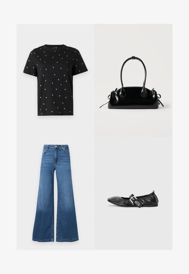 Sort T-shirt med korte ærmer lavet af bomuld, prydet med små guld hjerter, der er jævnt fordelt over stoffet. Rund halsudskæring.; Bredde bukser i blå denim med høj talje, forlommer og en ren søm. Ingen synlige mønstre eller pyntegeler.; Sorte læder flade sko med spids tå, samling detaljer omkring åbningen, og en sølv spænde accent på den justerbare rem.; Lille sort blank håndtaske med to lange håndtag og snøre-detaljer i siden på en ensfarvet lys baggrund.