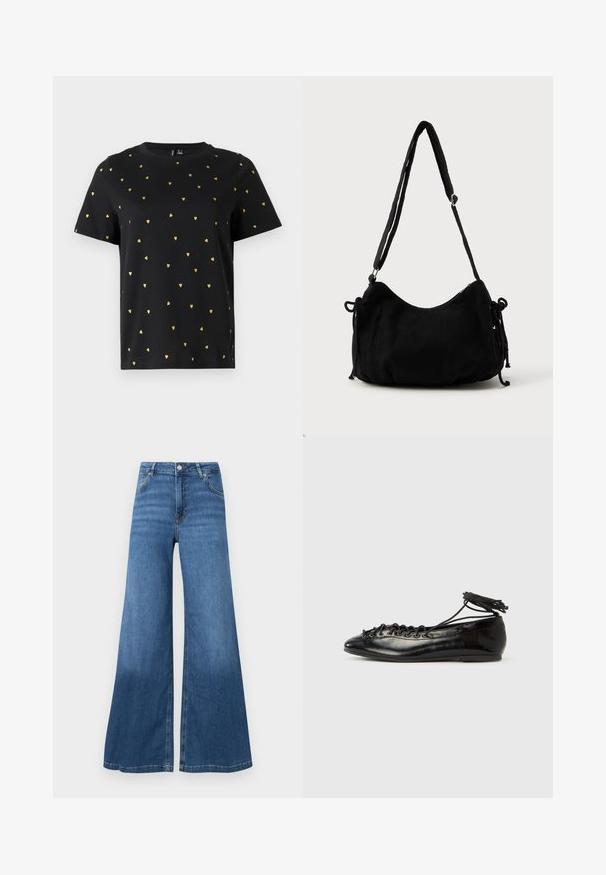 Camiseta negra de manga corta hecha de algodón, con pequeños patrones de corazones dorados distribuidos uniformemente por toda la tela. Cuello redondo.; Vaqueros de pierna ancha azul hechos de denim, con cintura alta, bolsillos frontales y un dobladillo limpio. Sin patrones ni adornos visibles.; Zapatos planos tipo ballet de charol negro con punta redondeada, diseño con cordones y suela plana. Textura lisa con detalles mínimos.; Bolso de hombro de pana negra con forma curva, correa ajustable y cierres de cordón en ambos lados para ajustar el tamaño.