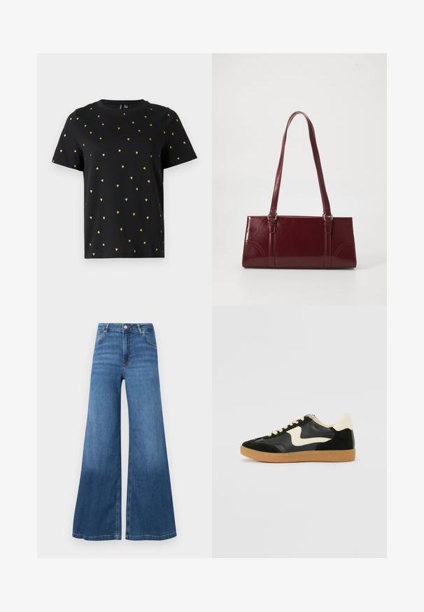 Zwart T-shirt met korte mouwen van katoen, bezaaid met kleine gouden hartjespatronen die gelijkmatig over de stof verspreid zijn. Ronde halslijn.; Wijdvallende blauwe spijkerbroek van denim, met een hoge taille, voorzakken en een rechte zoom. Geen zichtbare patronen of versieringen.; Zwarte suède en leren sneaker met een crèmekleurige zij-swoosh en lichte crèmekleurige hiel. Voorzien van beige veters en een gumrubberen zool.; Bourgondische handtas van glanzend materiaal, rechthoekige vorm, met twee schouderbanden en subtiele gebogen accenten aan de voorkant.