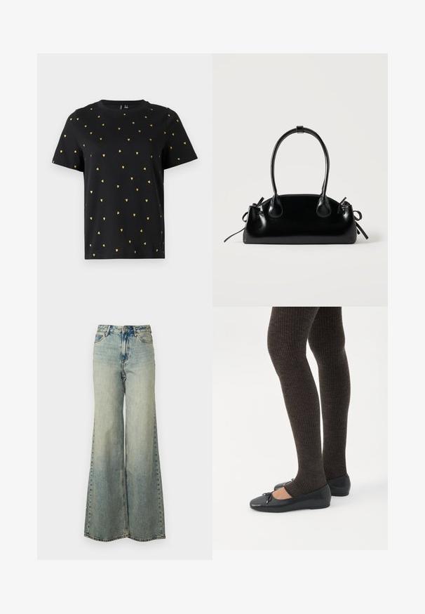 Schwarzes Kurzarm-T-Shirt aus Baumwolle mit kleinen goldenen Herzmotiven, die gleichmäßig über den Stoff verteilt sind. Runder Ausschnitt.; Helles blauweite Jeans im Denim-Stil mit hoher Taille, ausgewaschenem Finish und seitlichen Taschen mit sichtbaren Nähten.; Beine in dunklen, gerippten Leggings kombiniert mit schwarzen Ballerinas mit kleinen Schleifendetails auf weißem Hintergrund.; Kleine schwarze glänzende Handtasche mit zwei langen Griffen und seitlichen Kordelzug-Details vor einfachem hellem Hintergrund.